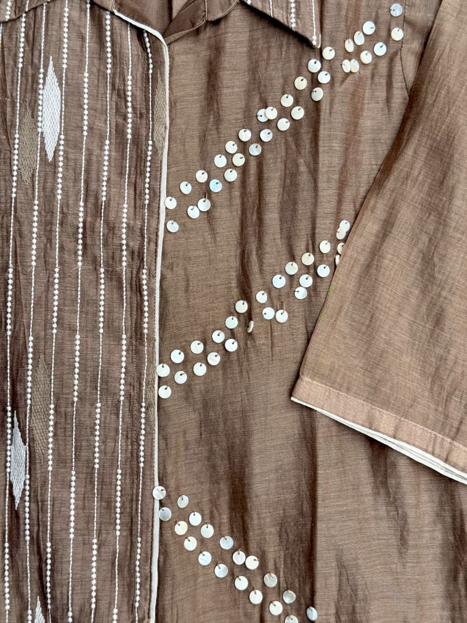 Taupe Brown Collar Tunic Co-ord Set with Shell Embellishments & Thread Embroidery