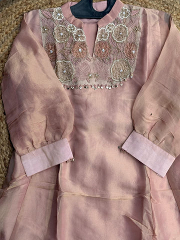 Blush Peach Organza Silk Embroidered Co-Ord Set - Floral Yoke Kurti & Wide Pants ✨🌸