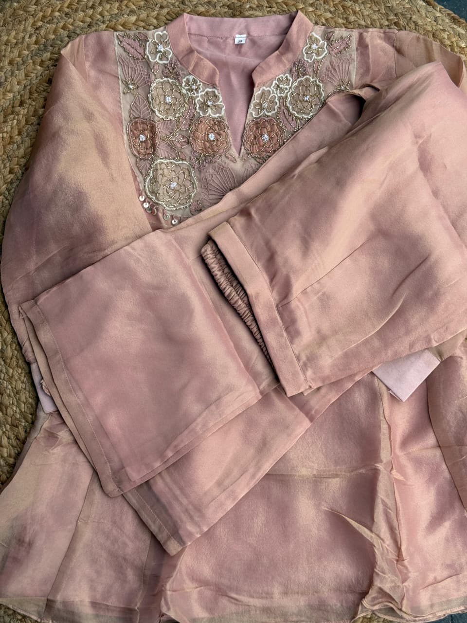 Blush Peach Organza Silk Embroidered Co-Ord Set - Floral Yoke Kurti & Wide Pants ✨🌸