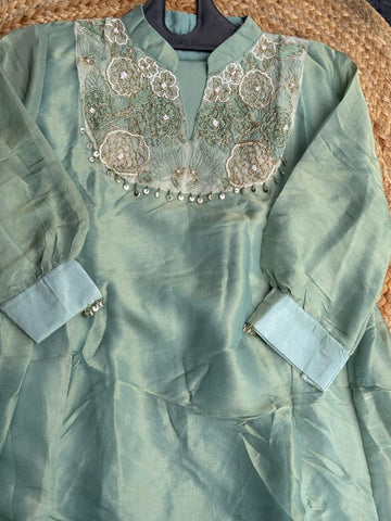 Sage Green Organza Silk Embroidered Co-Ord Set - Floral Yoke Kurti & Straight Trousers ✨🌿