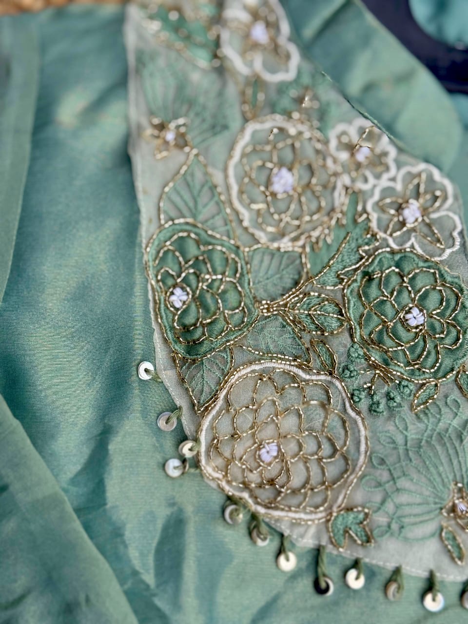 Sage Green Organza Silk Embroidered Co-Ord Set - Floral Yoke Kurti & Straight Trousers ✨🌿