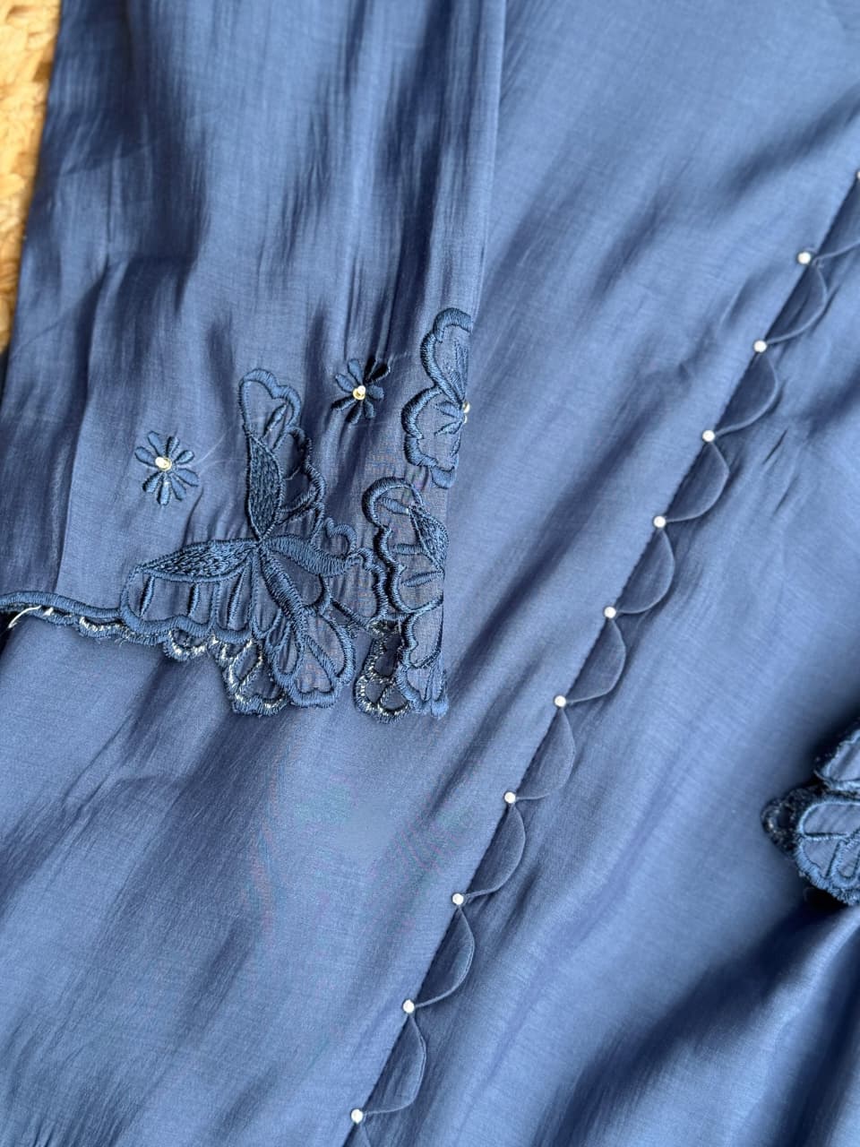 Royal Slate Blue Cutwork Embroidered Co-Ord Set - Butterfly & Floral Tunic with Pants ✨🦋