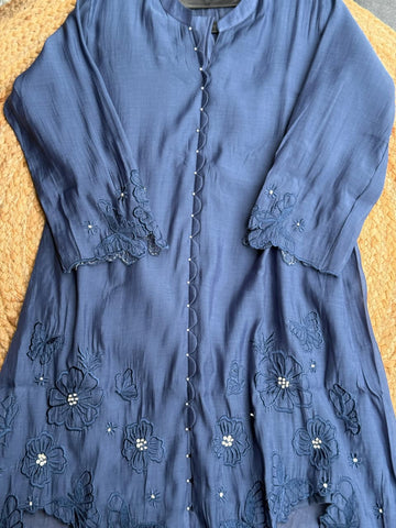 Royal Slate Blue Cutwork Embroidered Co-Ord Set - Butterfly & Floral Tunic with Pants ✨🦋