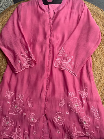 Vibrant Rani Pink Cutwork Embroidered Co-Ord Set - Butterfly & Floral Kurti with Trousers ✨💖