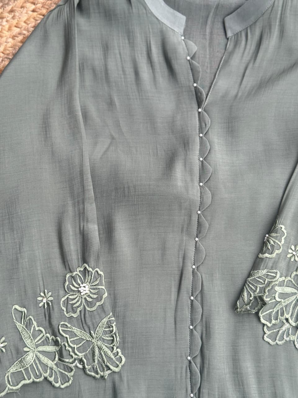 Muted Olive Green Cutwork Embroidered Co-Ord Set - Butterfly & Floral Kurti with Trousers ✨🌿