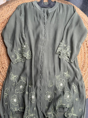 Muted Olive Green Cutwork Embroidered Co-Ord Set - Butterfly & Floral Kurti with Trousers ✨🌿