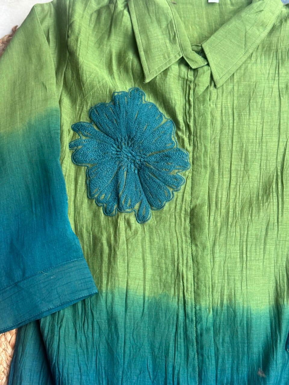 Dual-Tone Ombre Lime Green & Teal Co-Ord Set - Floral Appliqué Shirt Kurti & Trousers ✨🌿💙