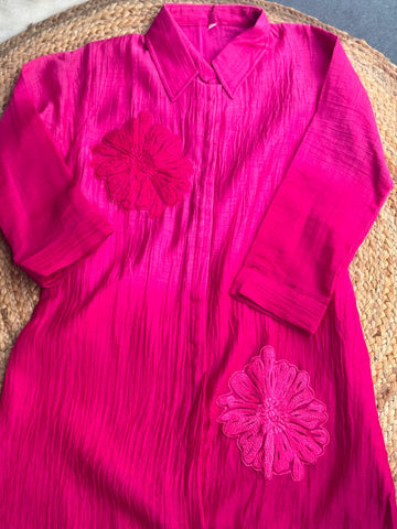 Vibrant Hot Pink Ombre Co-Ord Set - Floral Appliqué Shirt Tunic & Trousers ✨💖