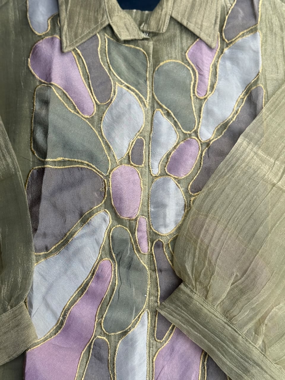 Artisan Olive Green Tissue Silk Co-Ord Set - Patchwork Tunic & Trousers ✨🌿