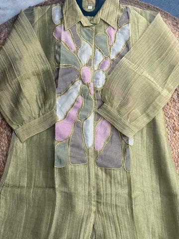 Artisan Olive Green Tissue Silk Co-Ord Set - Patchwork Tunic & Trousers ✨🌿