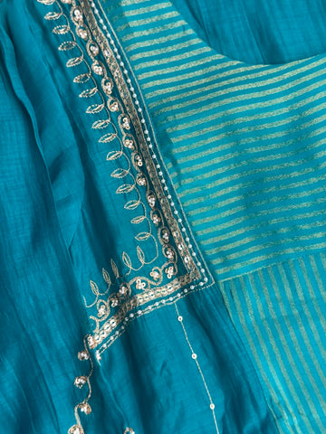 Teal Blue Mul Chanderi Embroidered 3-Piece Suit Set - Kurta, Pants & Dupatta ✨💙
