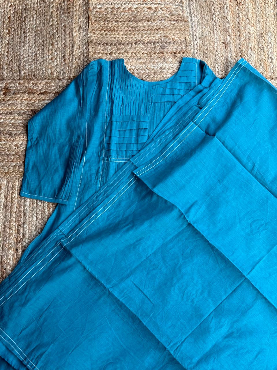 Teal Blue Pintuck  Mul-Chanderi 3-Piece Suit Set - Kurta, Pants & Dupatta 💙✨