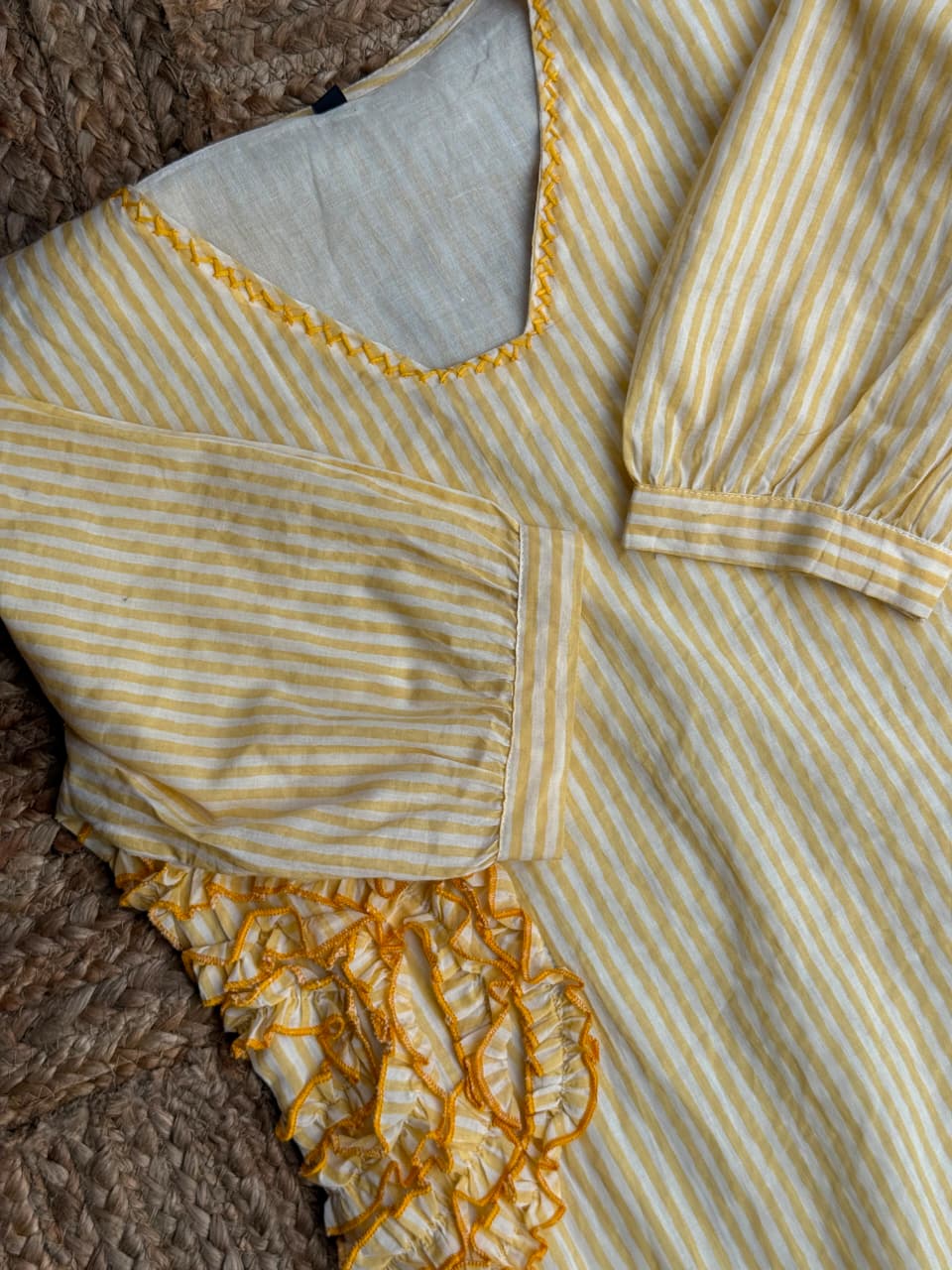 Sunshine Yellow Striped 2-Piece Kurta & Pant Set - 3D Floral Ruffle Detailing 💛✨