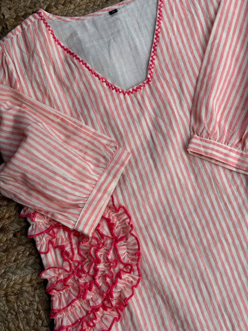 Candy Pink Striped mul chanderi  2-Piece Kurta & Pant Set - 3D Floral Ruffle Detailing 🌸✨