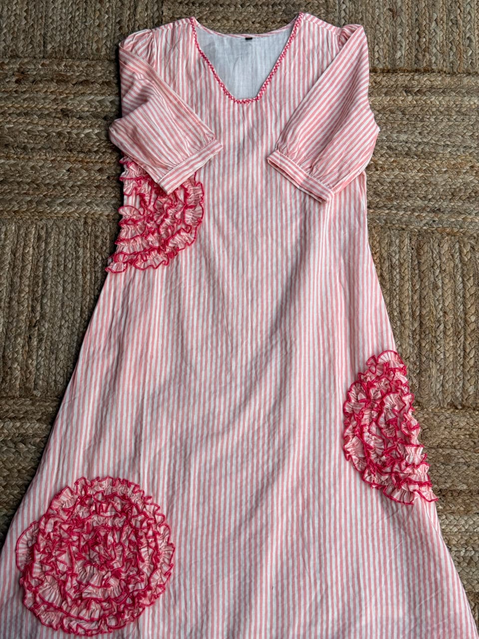 Candy Pink Striped mul chanderi  2-Piece Kurta & Pant Set - 3D Floral Ruffle Detailing 🌸✨