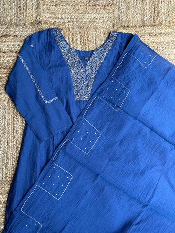 The Sapphire Night Grace 💙 – Royal Blue Mul Chanderi Embroidered 3-Piece Kurta, Pant & Dupatta Set