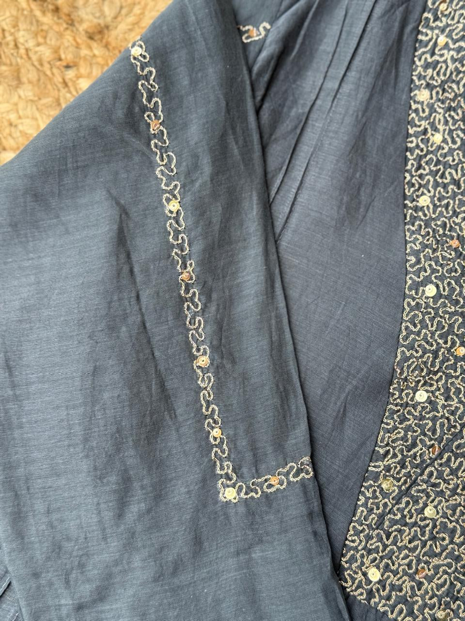 The Obsidian Glow Ensemble ✨ – Charcoal Grey Hand-Embroidered Mul Chanderi 3-Piece Suit Set