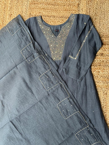 The Obsidian Glow Ensemble ✨ – Charcoal Grey Hand-Embroidered Mul Chanderi 3-Piece Suit Set