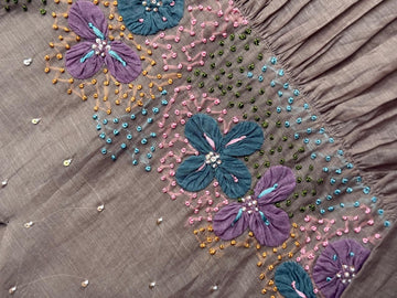 The Dusty Rose Garden ✨ – Beige-Grey Hand-Embroidered Mul Chanderi Anarkali Suit Set