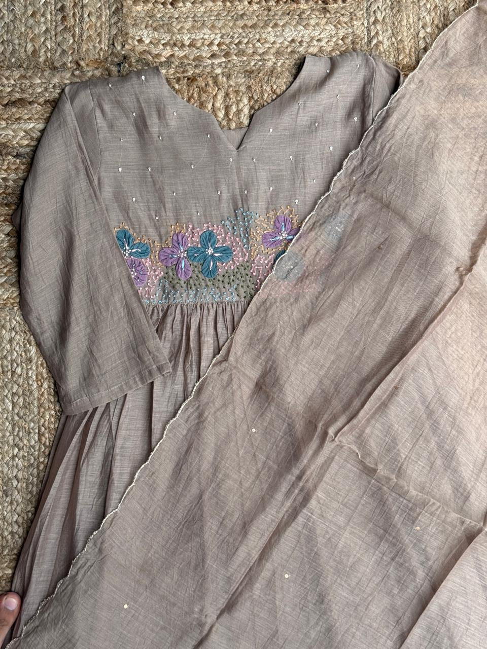 The Dusty Rose Garden ✨ – Beige-Grey Hand-Embroidered Mul Chanderi Anarkali Suit Set