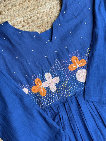 The Sapphire Petal Symphony ✨ – Royal Blue Hand-Embroidered Mul Chanderi Anarkali Suit Se