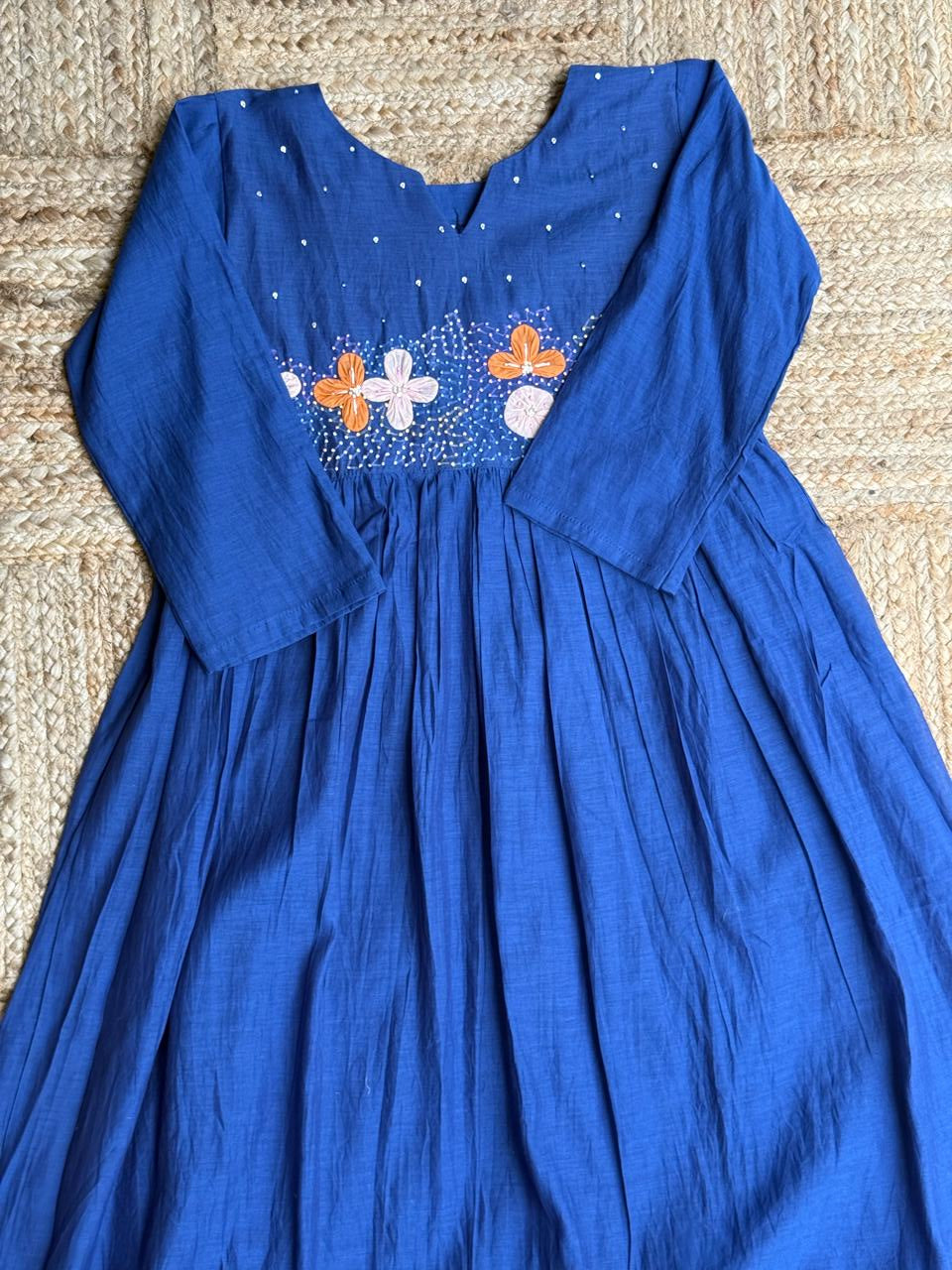 The Sapphire Petal Symphony ✨ – Royal Blue Hand-Embroidered Mul Chanderi Anarkali Suit Se
