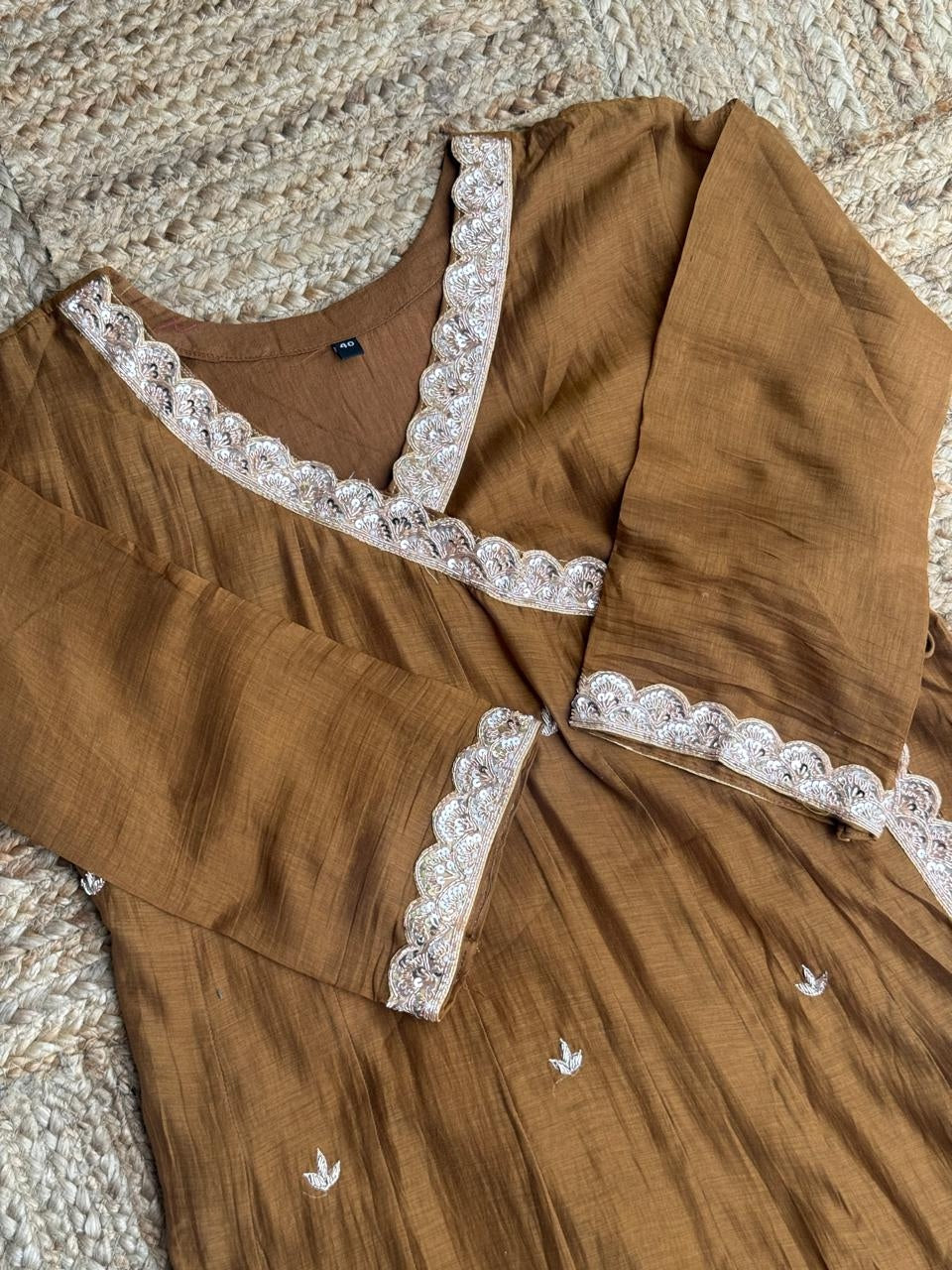 The Golden Amber Angrakha 🤎 – Cinnamon Brown Mul Chanderi Lace Work 3-Piece Kurta, Pant & Dupatta Set