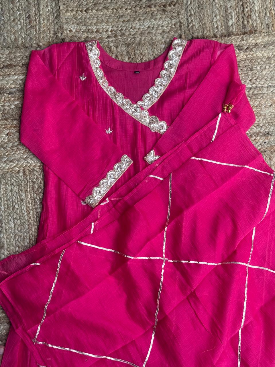 The Magenta Rose Angrakha 💖 – Bright Pink Mul Chanderi Lace Work 3-Piece Kurta, Pant & Dupatta Set