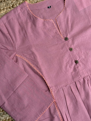 The Mauve Peach Bloom 🌸 – Dusty Mauve Pink Mul Chanderi Lace Work 3-Piece Kurta, Pant & Dupatta Set