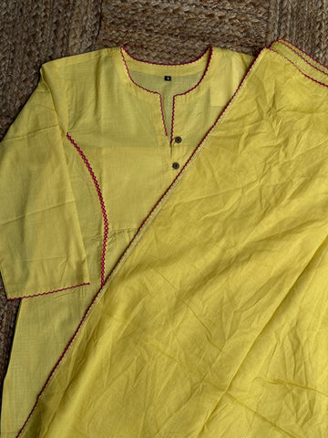 The Sunshine Marigold Set 💛 – Lemon Yellow Mul Chanderi Lace Work 3-Piece Kurta, Pant & Dupatta Set