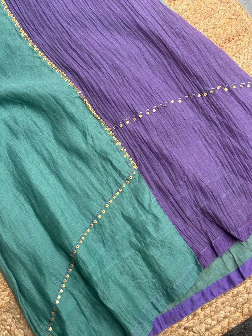 The Teal & Violet Harmony Set 💜 – Teal Green & Purple Dual-Tone Mul Chanderi Sequin Work 3-Piece Kurta, Pant & Dupatta Set
