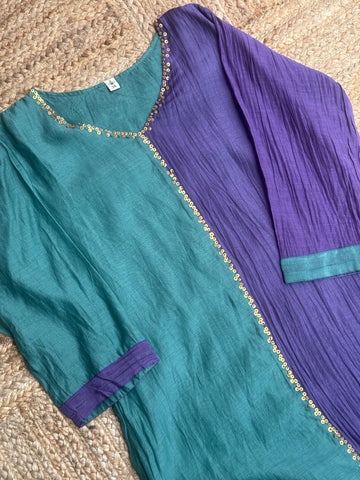 The Teal & Violet Harmony Set 💜 – Teal Green & Purple Dual-Tone Mul Chanderi Sequin Work 3-Piece Kurta, Pant & Dupatta Set