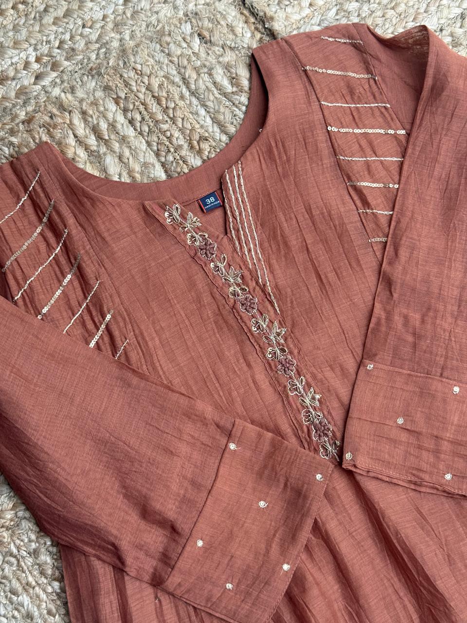 The Rust Earth Anarkali Set 🤎 – Terracotta Rust Mul Chanderi Embroidered & Sequin Work 3-Piece Kurta, Pant & Dupatta Set