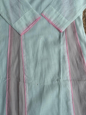 The Pastel Breeze Kurta Set ✨ – Light Green Mul Chanderi Panel Suit with Pink Piping, Hand Mirror Work & Colorblocked Dupatta