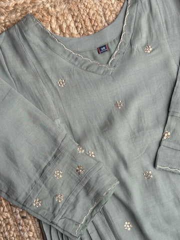 The Sage Green Pleated Anarkali Set 🌿 – Greyish Sage Mul Chanderi Sequin Booti & Ruched Waist 3-Piece Kurta, Pant & Dupatta Set
