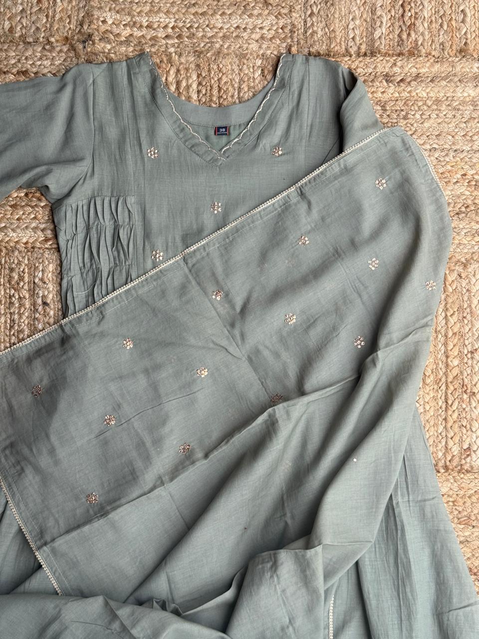 The Sage Green Pleated Anarkali Set 🌿 – Greyish Sage Mul Chanderi Sequin Booti & Ruched Waist 3-Piece Kurta, Pant & Dupatta Set