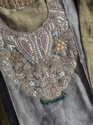 The Vintage Bronze & Steel Set 🤎 – Metallic Dual-Tone Tissue Chanderi Kurta with Intricate Neckline & Pearl Latkan