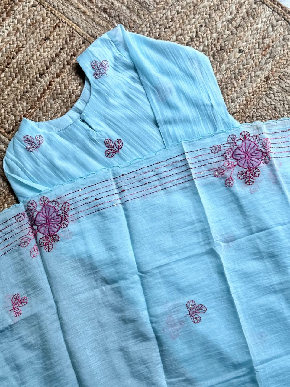 The Sky Blue Chanderi Kurta Set 🩵 – Powder Blue Slub Chanderi Pink Floral Embroidered Kurta, Scallop Pant & Dupatta 3-Piece Set