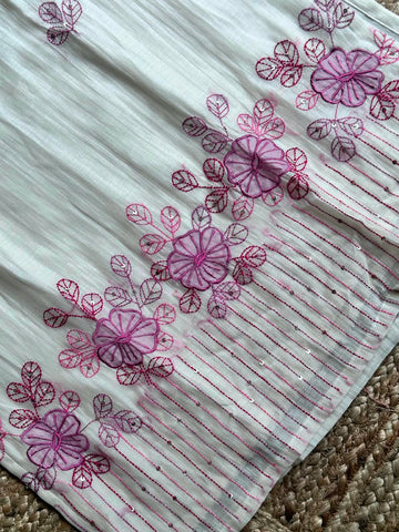 The Off-White Chanderi Kurta Set 🤍 – Ivory Slub Chanderi Pink Floral Embroidered Kurta, Scallop Pant & Dupatta 3-Piece Set