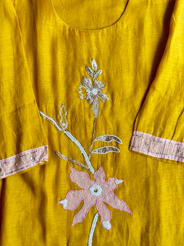 The Sunshine Mustard Chanderi Suit 💛 – Haldi Yellow Hand-Embroidered Floral Cutwork 3-Piece Kurta, Pant & Dupatta Set