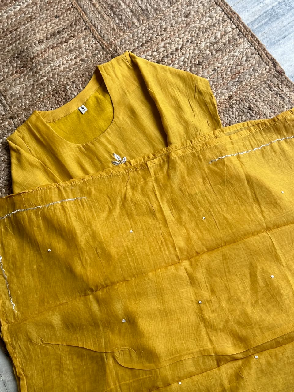 The Sunshine Mustard Chanderi Suit 💛 – Haldi Yellow Hand-Embroidered Floral Cutwork 3-Piece Kurta, Pant & Dupatta Set