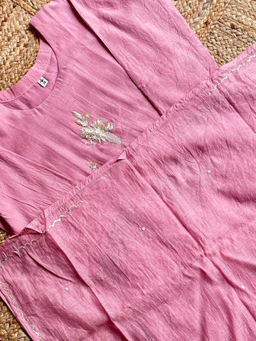 The Mauve Blossom Set ✨ – Dusty Rose Slub Silk Kurta with Teal Applique Flower, Pearl Work & Embroidered Sleeve Borders