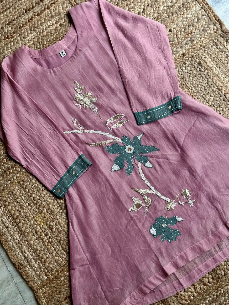 The Mauve Blossom Set ✨ – Dusty Rose Slub Silk Kurta with Teal Applique Flower, Pearl Work & Embroidered Sleeve Borders