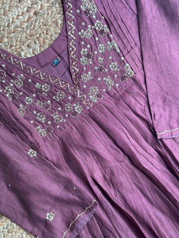 The Mauve Plum Anarkali Set 💜 – Deep Plum Chanderi Hand-Embroidered Yoke Gathered Kurta, Pant & Dupatta 3-Piece Set
