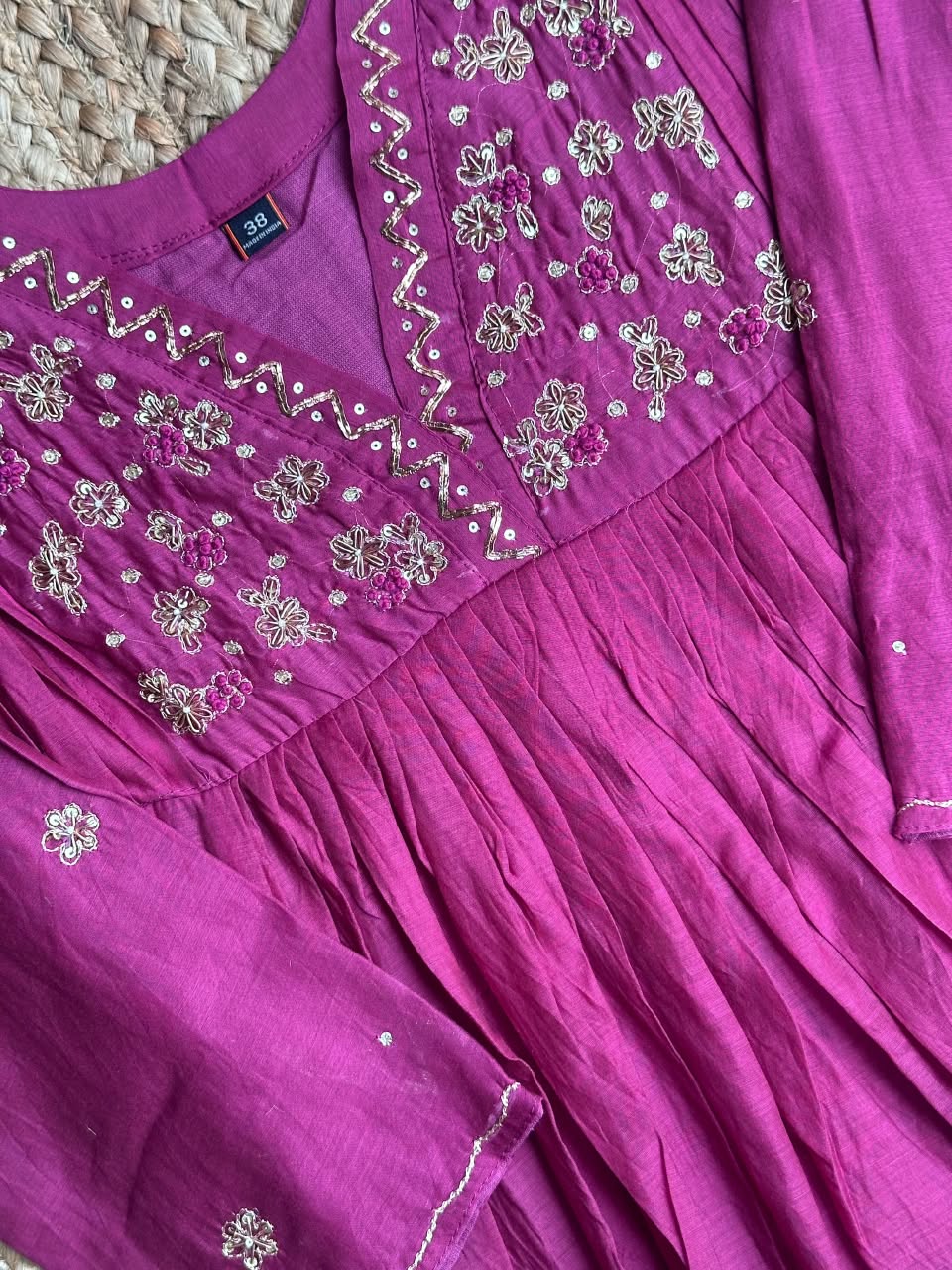 The Magenta Rani Pink Anarkali Set 💖 – Bright Magenta Chanderi Hand-Embroidered Yoke Gathered Kurta, Pant & Dupatta 3-Piece Set