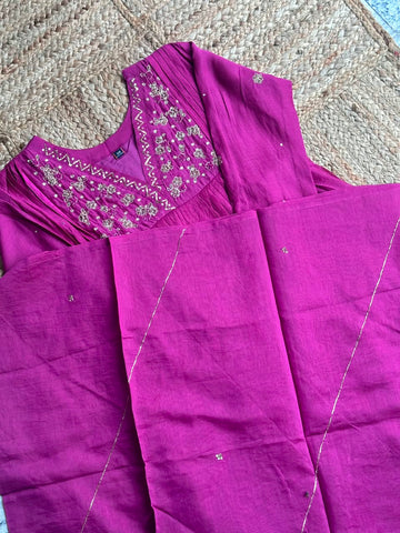 The Magenta Rani Pink Anarkali Set 💖 – Bright Magenta Chanderi Hand-Embroidered Yoke Gathered Kurta, Pant & Dupatta 3-Piece Set