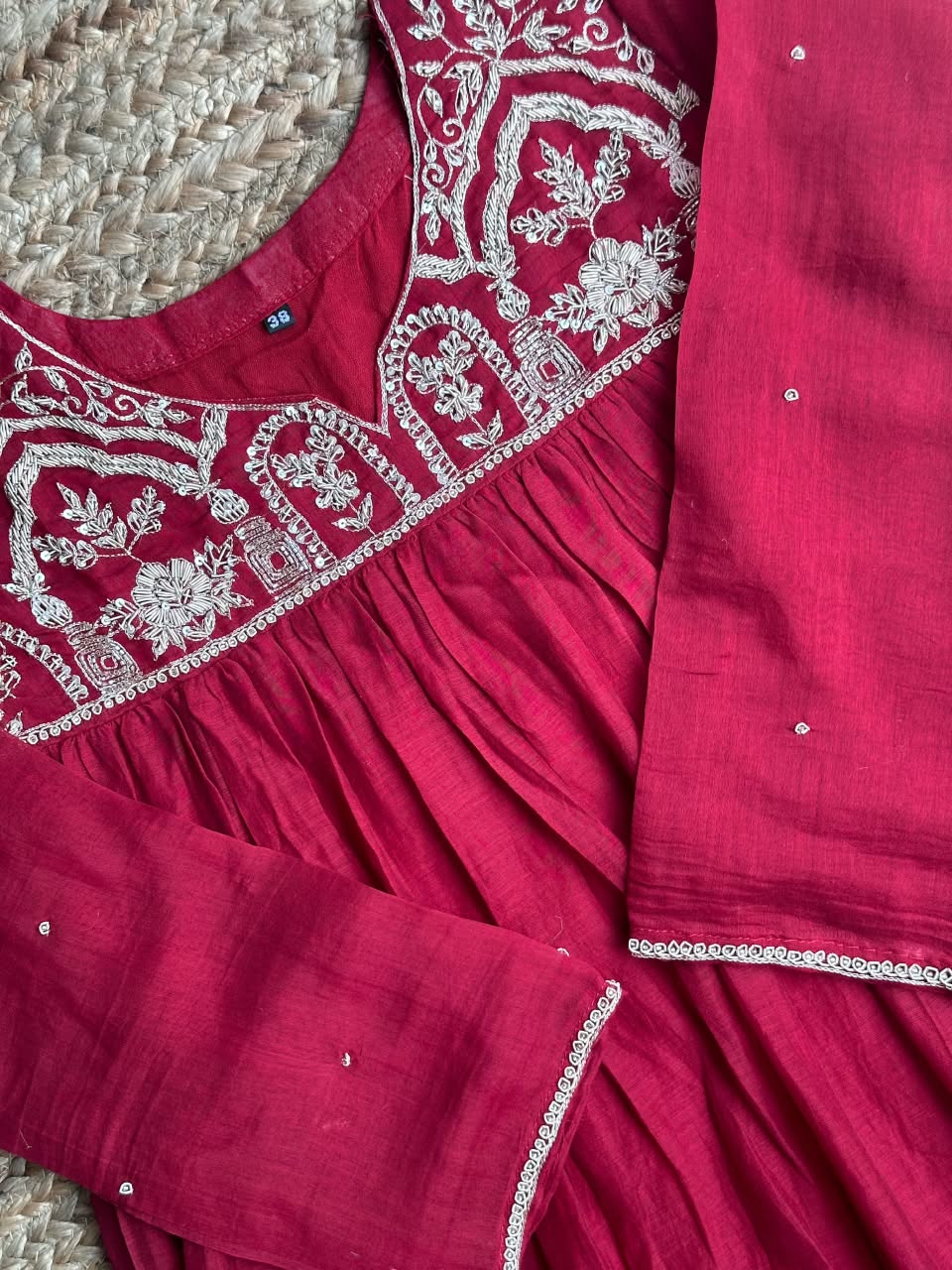 The Crimson Red Chanderi Anarkali Set ❤️ – Hand-Embroidered Scalloped Yoke Gathered Kurta, Pant & Dupatta 3-Piece Set