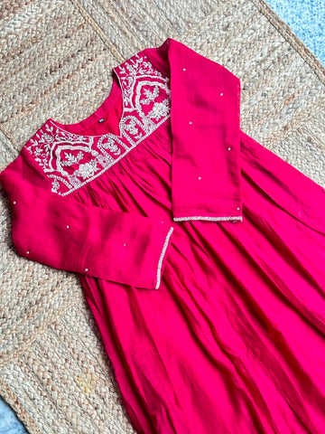 The Crimson Red Chanderi Anarkali Set ❤️ – Hand-Embroidered Scalloped Yoke Gathered Kurta, Pant & Dupatta 3-Piece Set