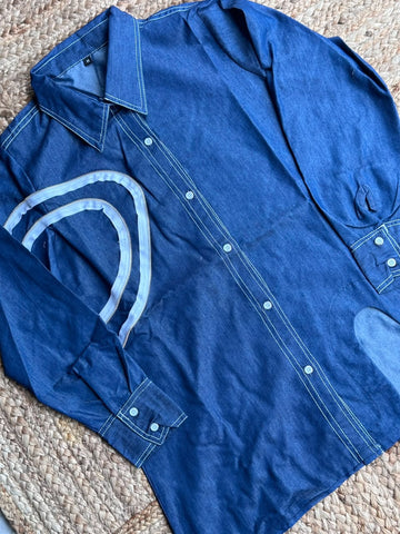 The Denim Wave Zipper Co-Ord Set 💙 – Indigo Blue Denim Shirt Top & Straight Pants 2-Piece Set with Curved Zip Detailing