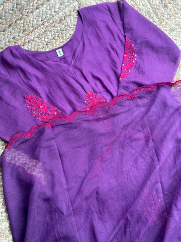 The Royal Purple Chanderi Anarkali Set 💜 – Deep Violet Slub Silk Kurta with Contrast Pink Embroidery, Scalloped Cuffs & Dupatta 3-Piece Set
